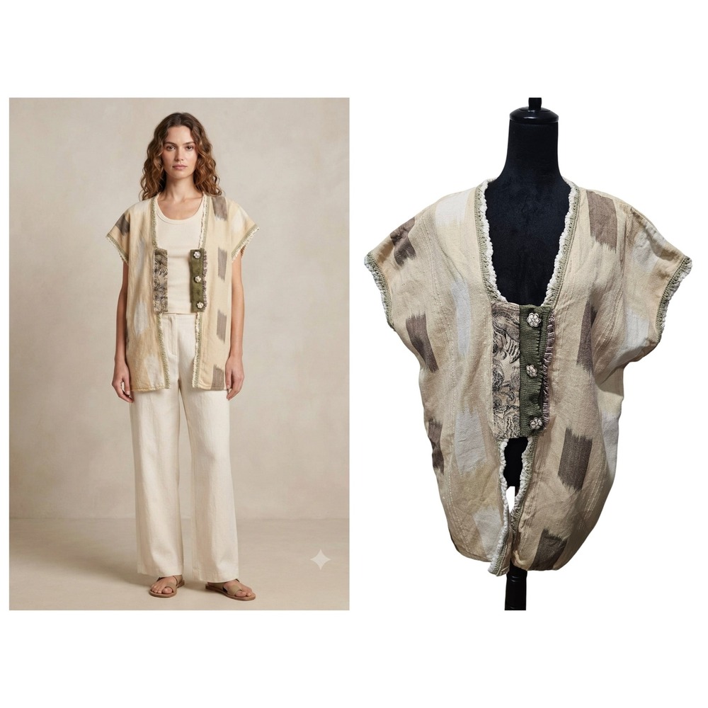 Veranda Wear Vest Womens OS Beige Ikat Handwoven Cotton Crochet Trim GRANOLA